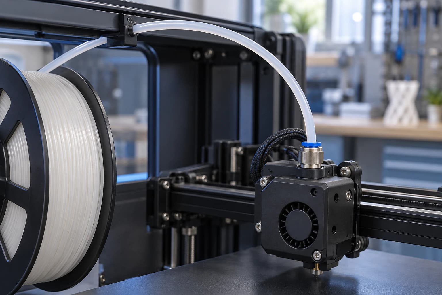 PTFE Bowden tube guiding filament into a 3D printer extruder