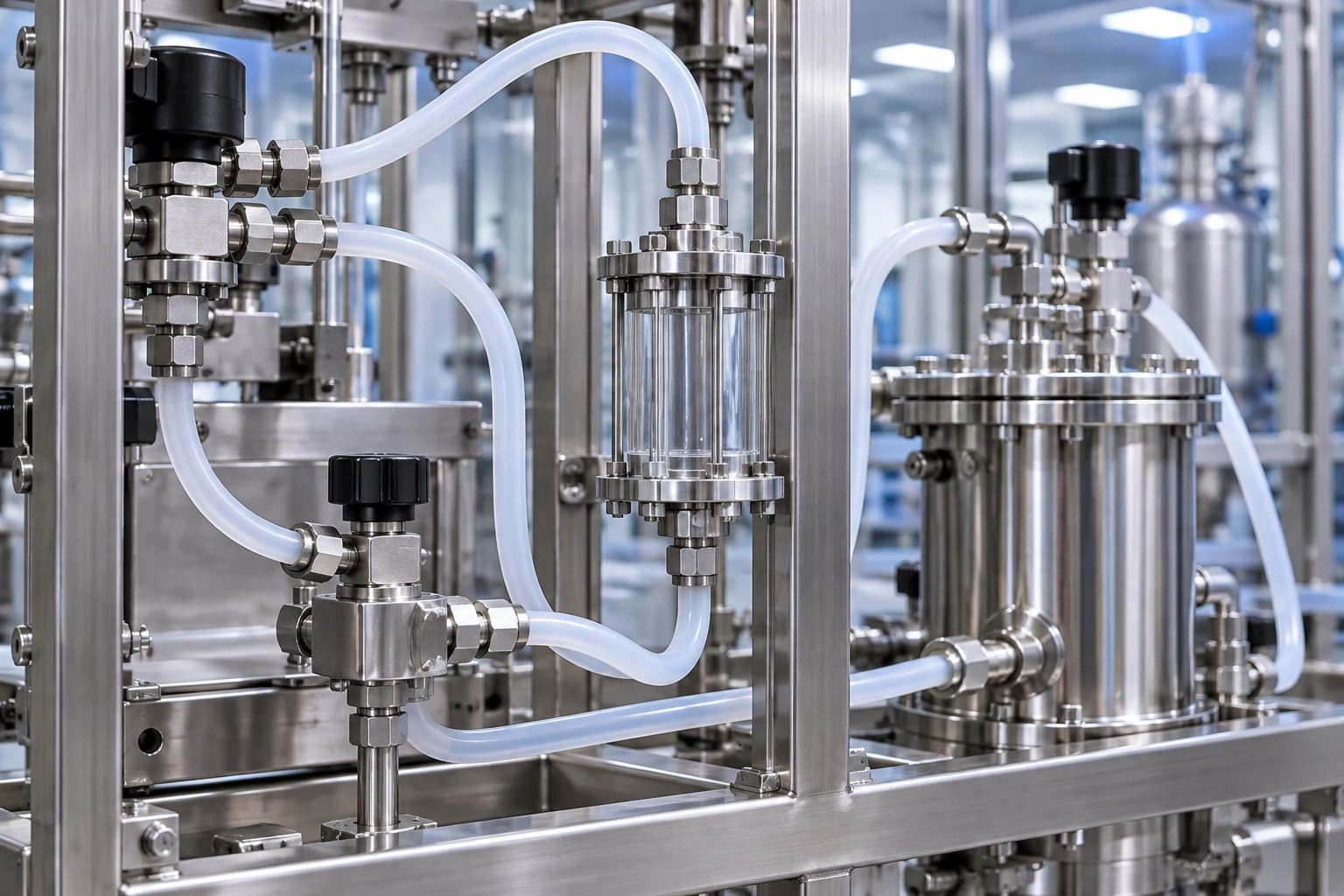 PTFE tubing carrying process fluid through chemical processing equipment
