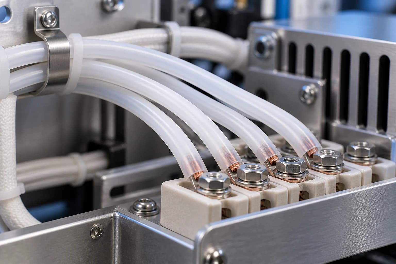 Electrical wires insulated with PTFE tubing and sleeving in an industrial control cabinet