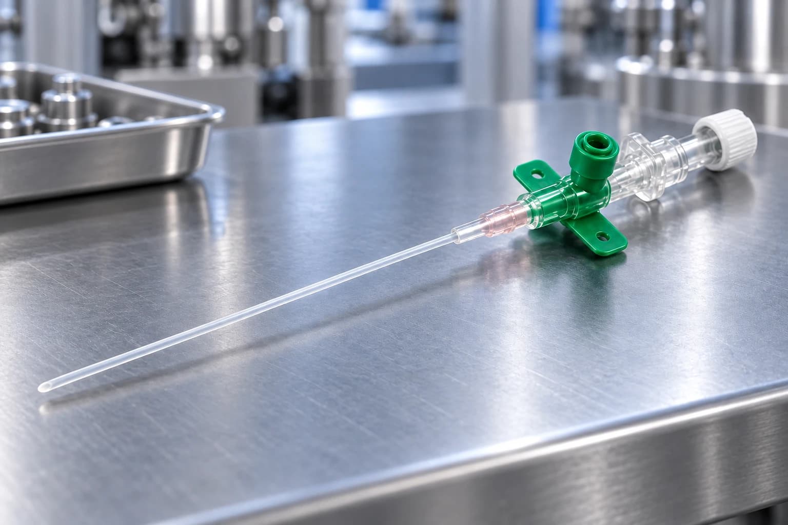 Thin PTFE catheter tube attached to a green winged catheter hub in a medical laboratory