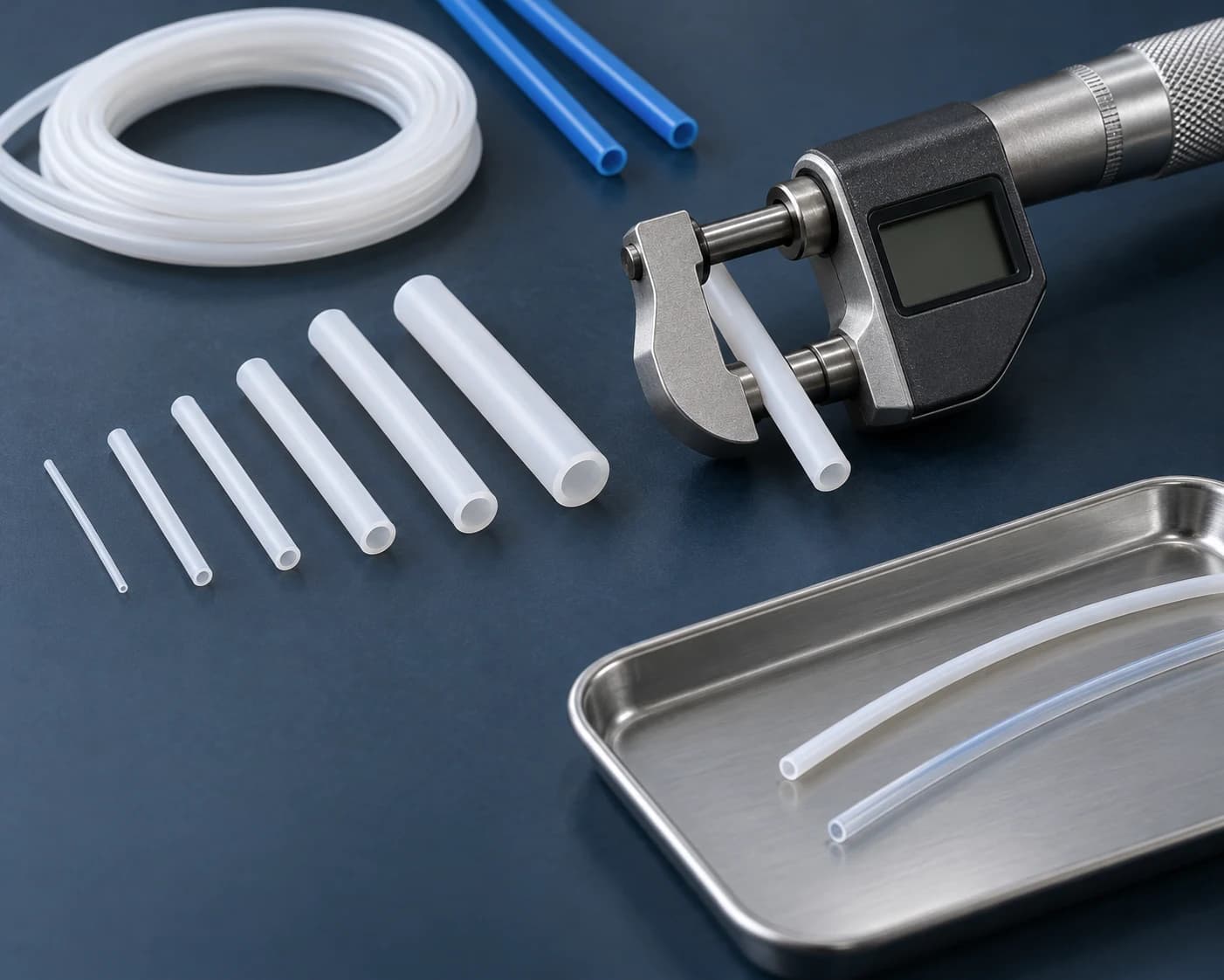 PTFE cut-length samples, custom colours and a dimensional inspection instrument