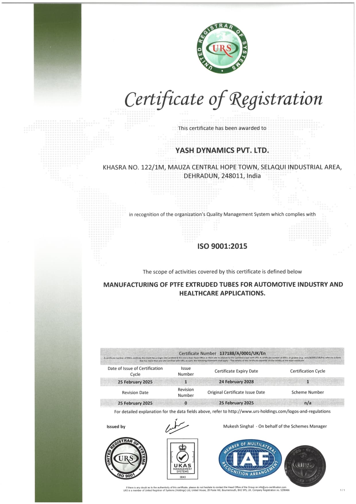 ISO 9001:2015 certificate awarded to Yash Dynamics Private Limited