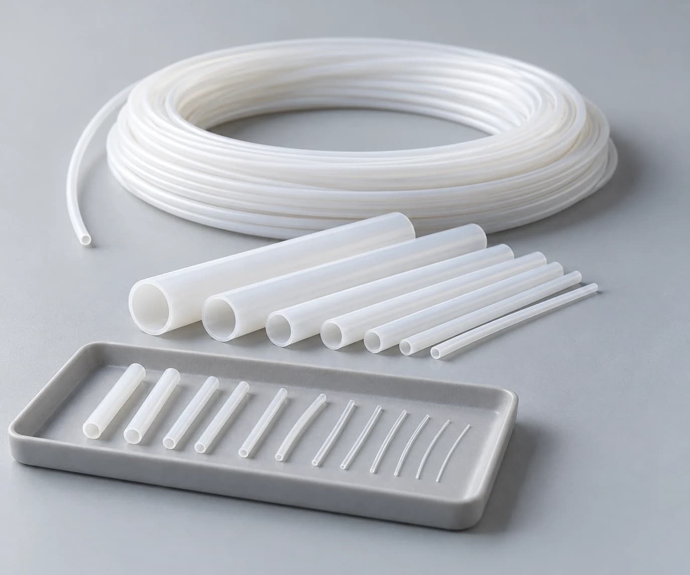 PTFE product range showing a continuous coil, cut-length liners and fine catheter tubing samples